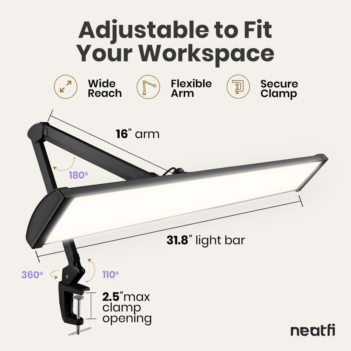 Lampe de bureau LED à tête large de 20 po avec pince – Lampe de travail de 2200 lumens pour bureau à domicile et travaux manuels, noire