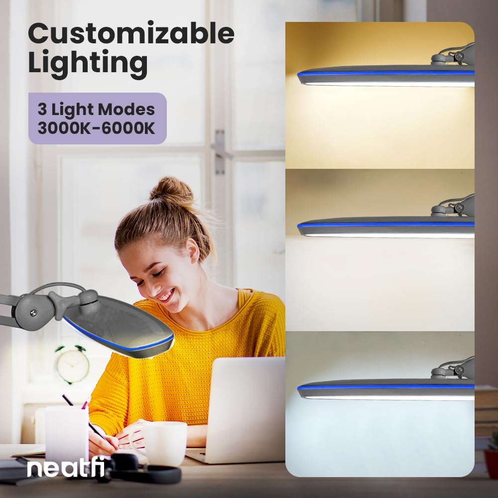 2200 Lumens LED Desk Lamp with Clamp – 23" Wide, 3 Light Modes for Workbench & Home Office, Silver