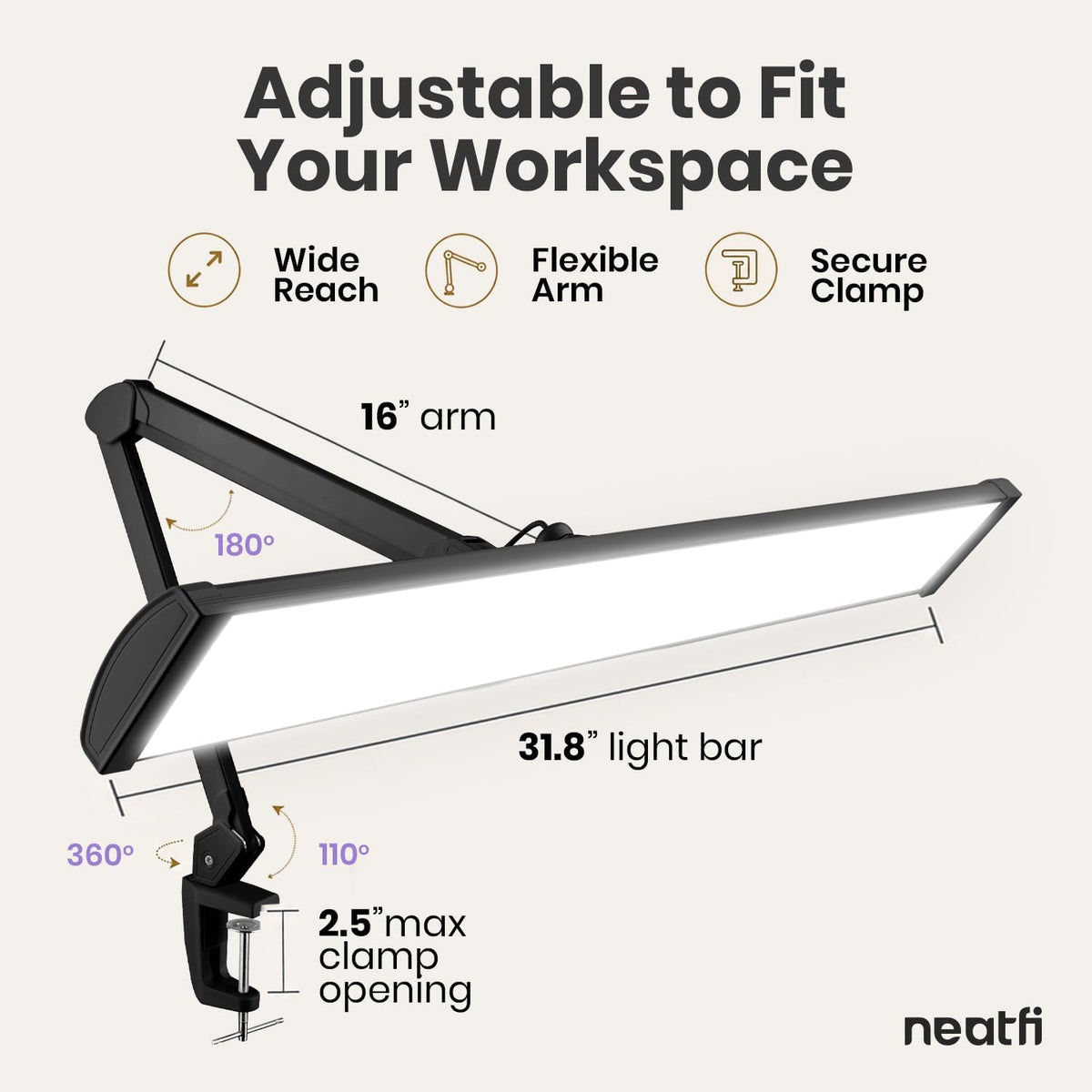 Pro 4500 Lumens LED Desk Lamp, Clamp, CRI 95, Dimmable, Black
