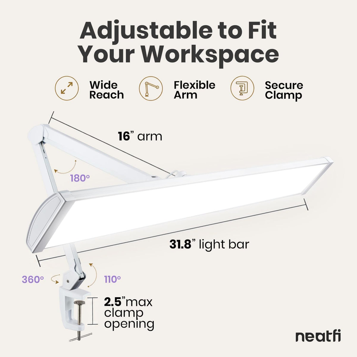 Lámpara LED de escritorio con pinza, cabezal ancho de 20 pulgadas, 2200 lúmenes, luz de trabajo para oficina en casa y manualidades, color negro