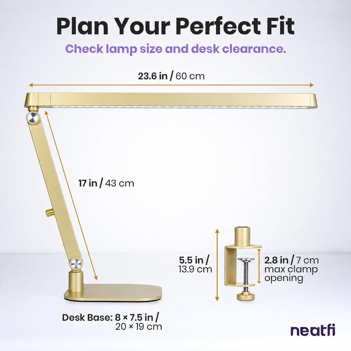 Professional LED Task Lamp, 20W, CRI 95, Stepless Dimming, Gold
