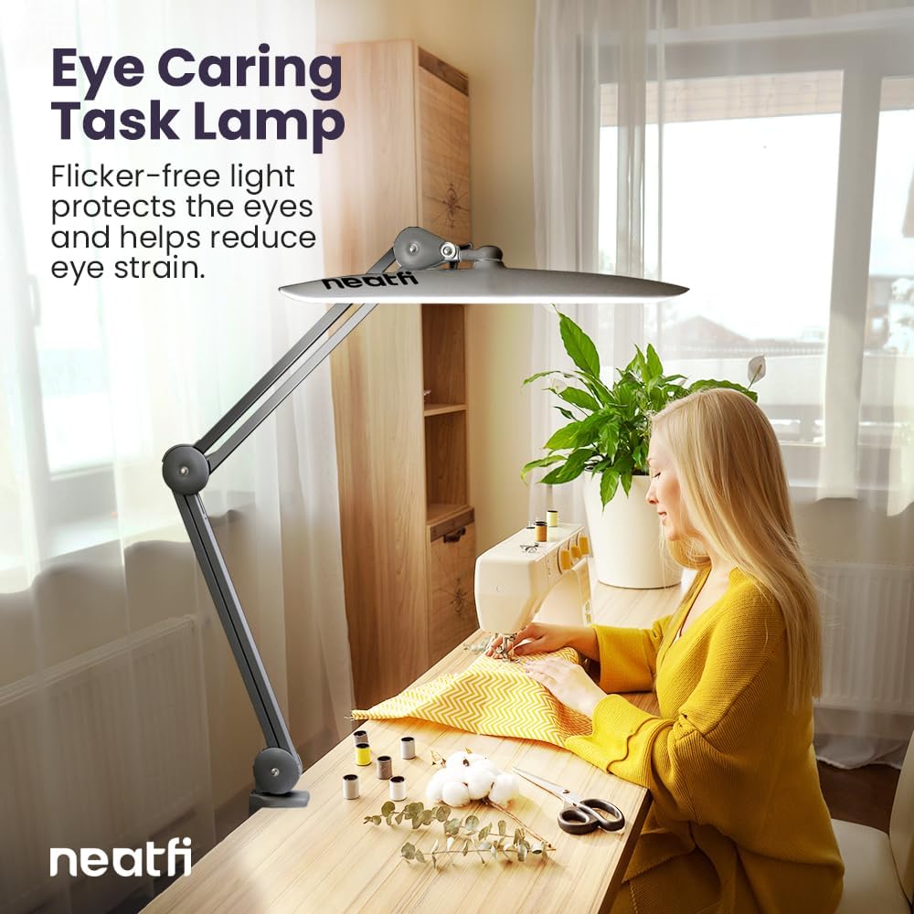 2200 Lumens LED Desk Lamp with Clamp – 20” Wide Shade, 3 Light Modes, Dimmable Task Light, Silver