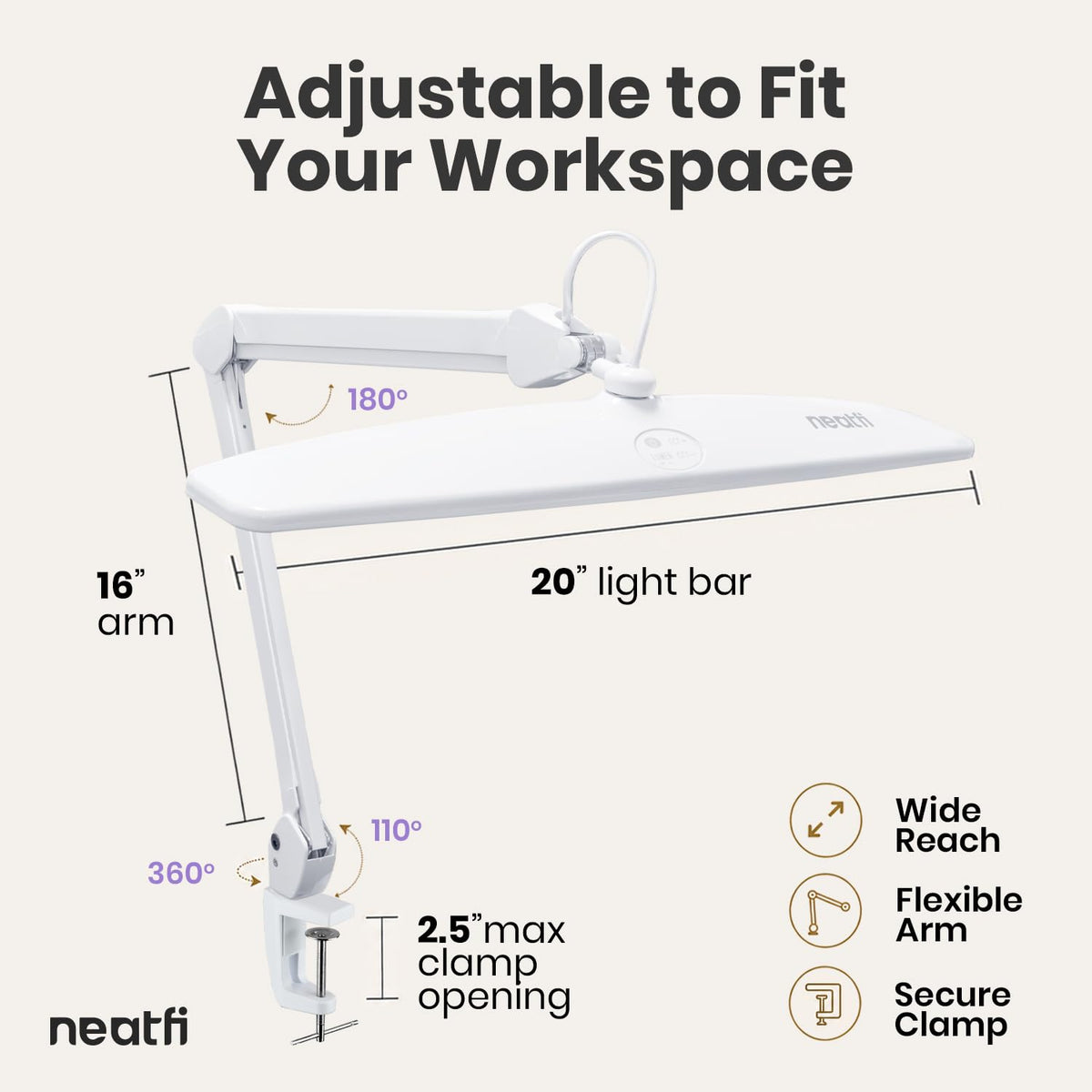 Lámpara de Tareas Elite de 2260 Lúmenes con Abrazadera – 22" de Ancho, 3 Modos de Color para Uñas y Manualidades, Negro