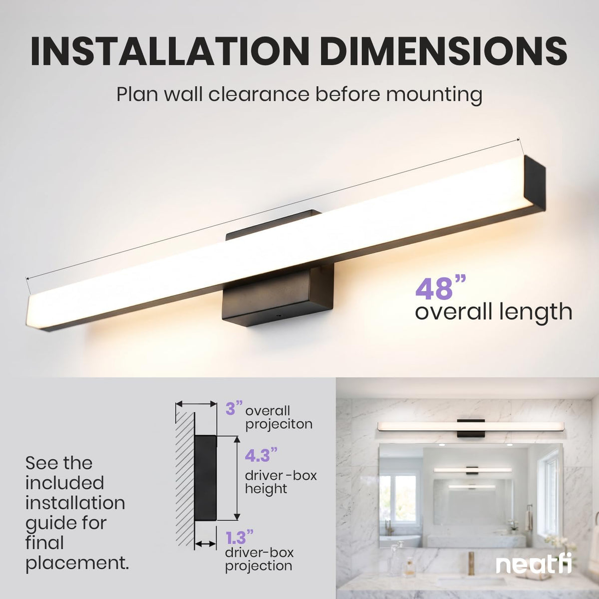 48-Inch LED Vanity Light Bar – 40W, 3800 Lumens, CCT