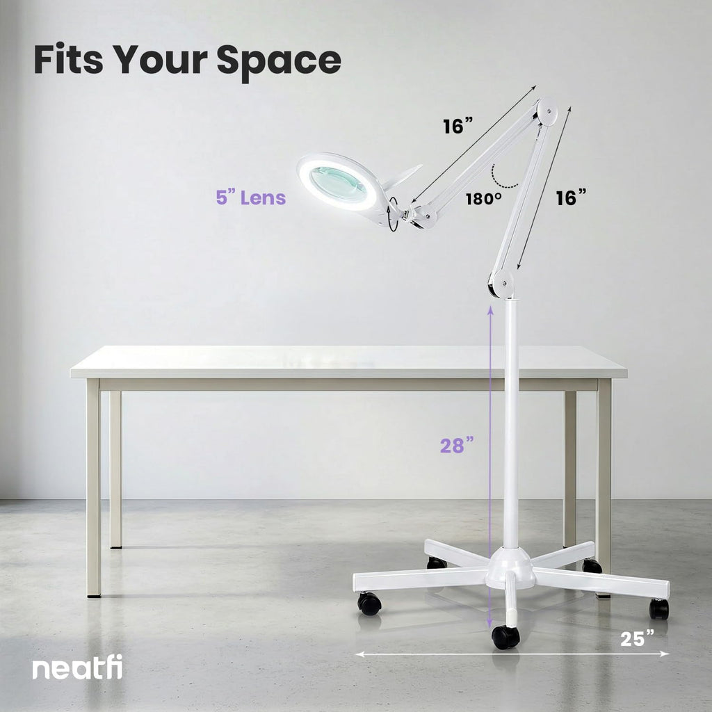 5" Wide Bifocals Glass Lens – 1200 Lumens LED Magnifying Floor Lamp with Rolling Base, White