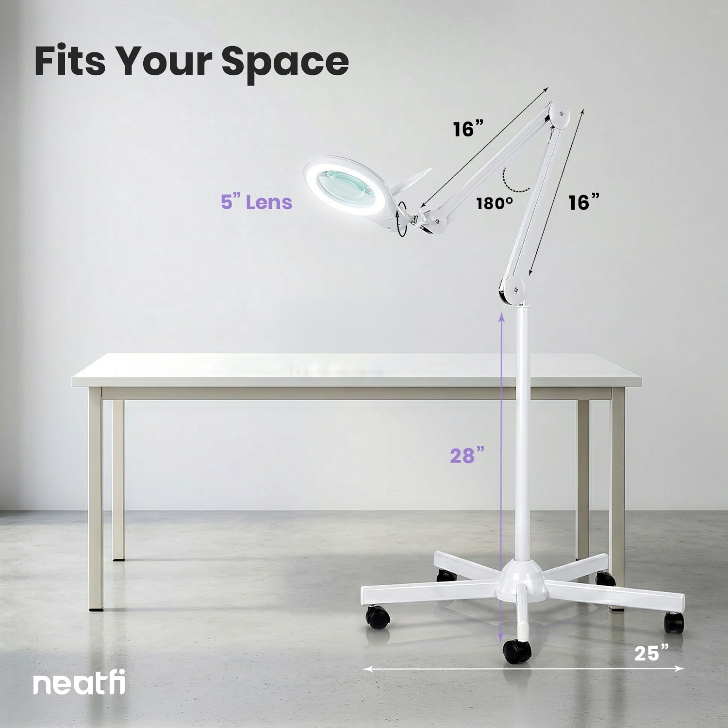 5" Wide Bifocals Glass Lens – 1200 Lumens LED Magnifying Floor Lamp with Rolling Base, White