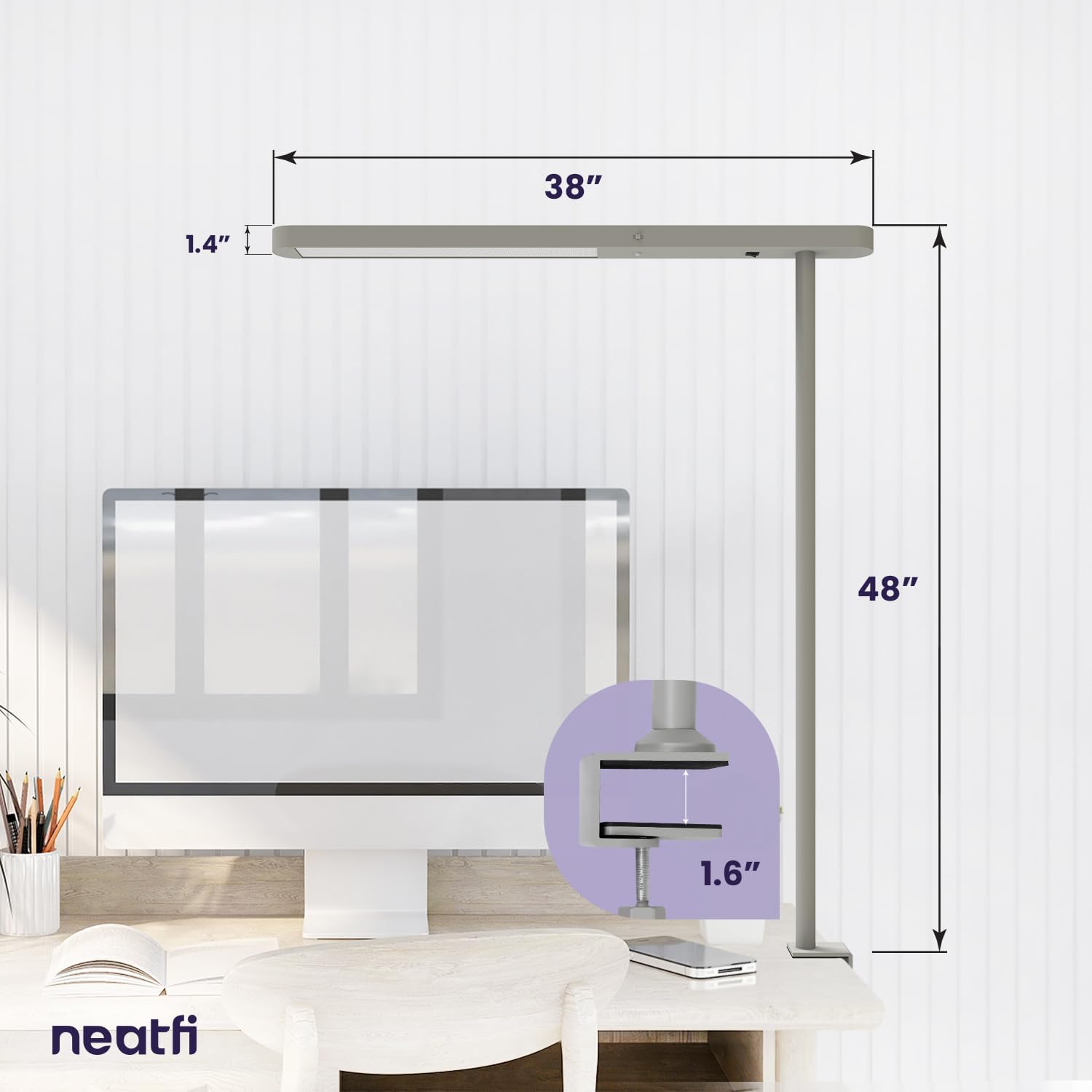 38" Premium LED Desk Lamp, 5200 High-Lumens - Ultrabright Light, Clamp-on, 40W, 4000K Color Temperature, Adjustable Head - Ideal for Home Office and Study - Gray