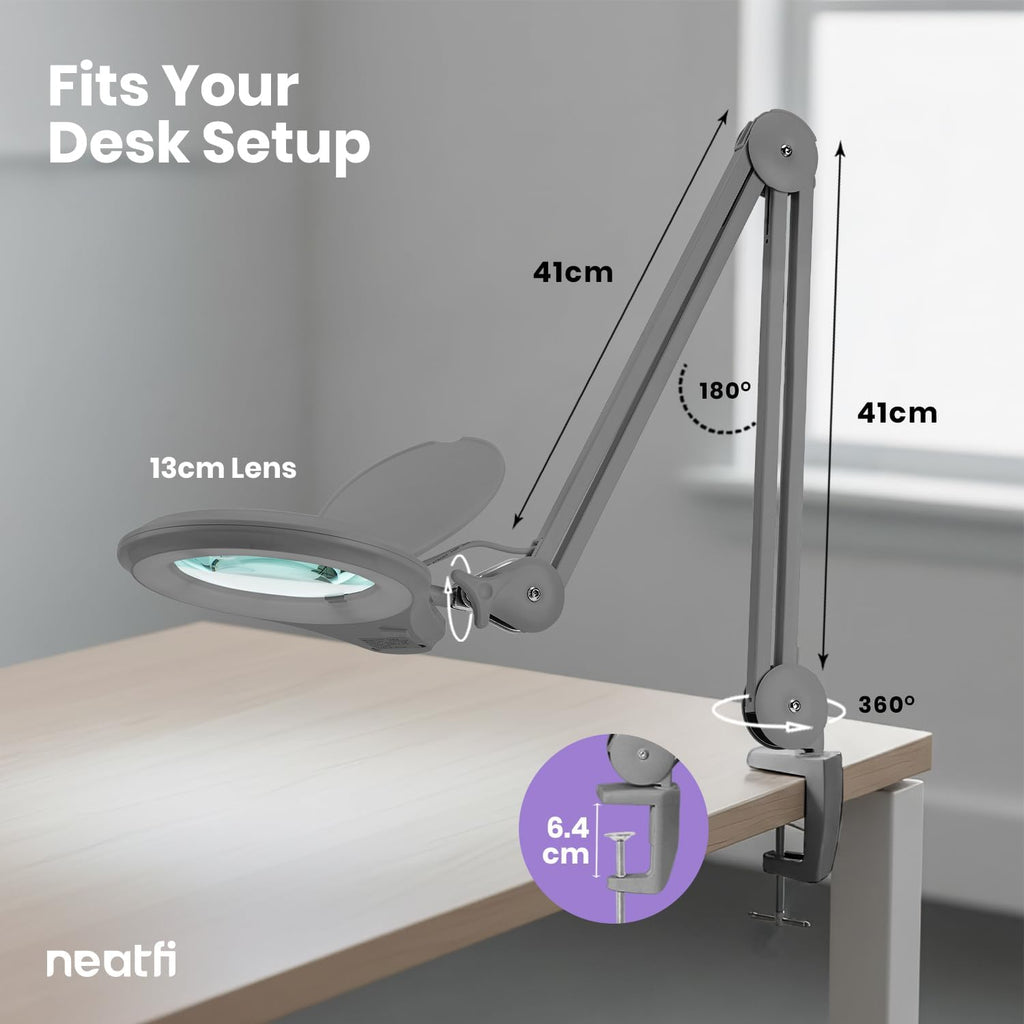 5" Wide Bifocal Lens – 1200 Lumens LED Magnifying Lamp for Crafts & Detail Works, Clamp Mount, Silver