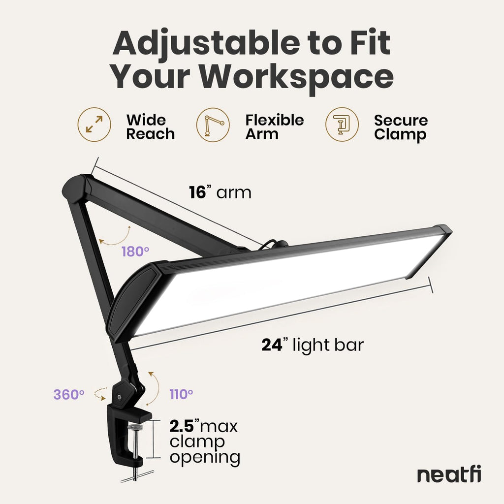 Lampe de bureau LED à tête large de 20 po avec pince – Lampe de travail de 2200 lumens pour bureau à domicile et travaux manuels, noire