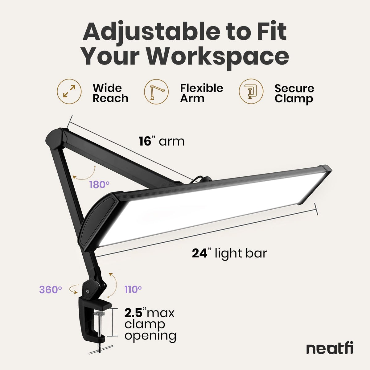 Lampe de bureau LED à tête large de 20 po avec pince – Lampe de travail de 2200 lumens pour bureau à domicile et travaux manuels, noire