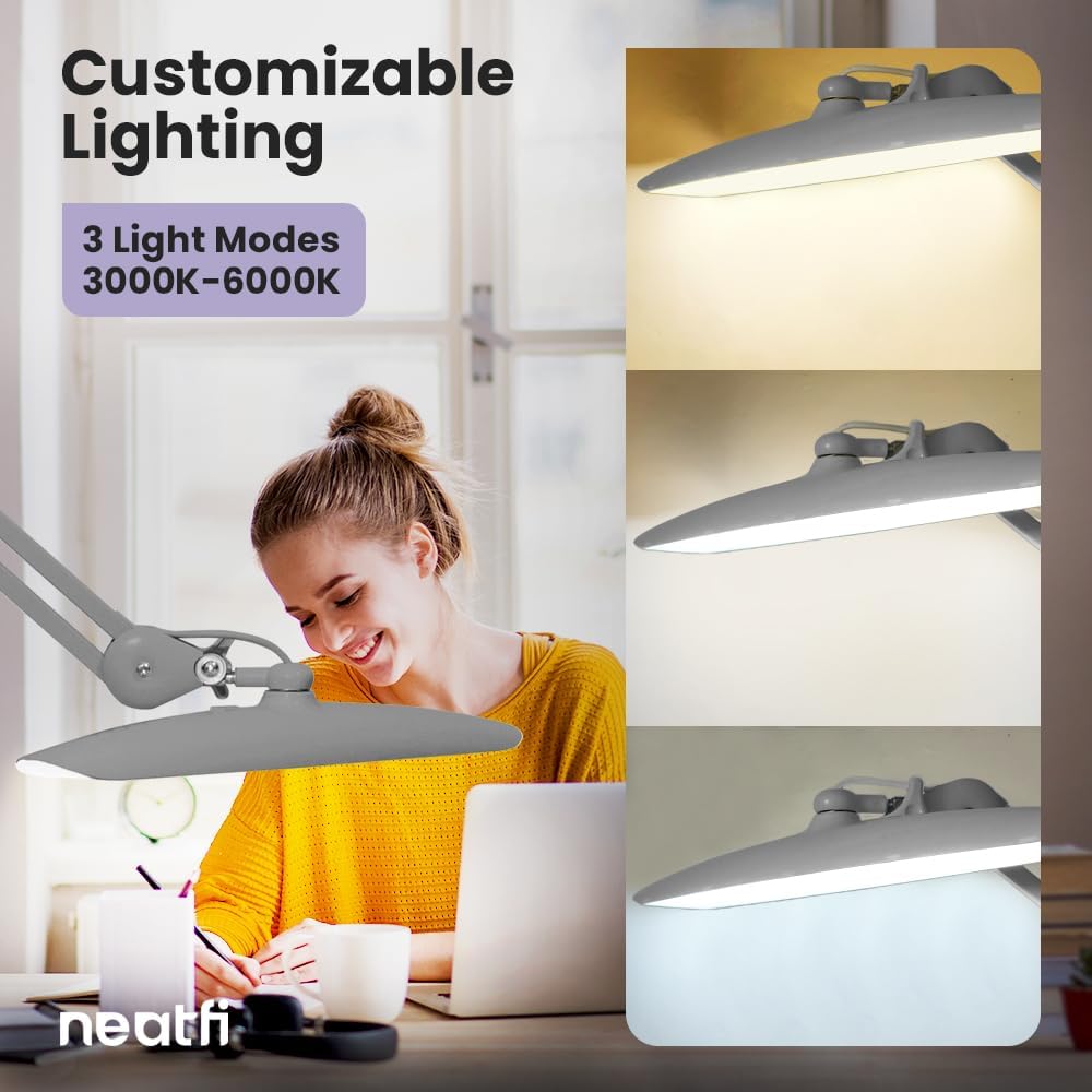 2200 Lumens LED Desk Lamp with Clamp – 20” Wide Shade, 3 Light Modes, Dimmable Task Light, Silver
