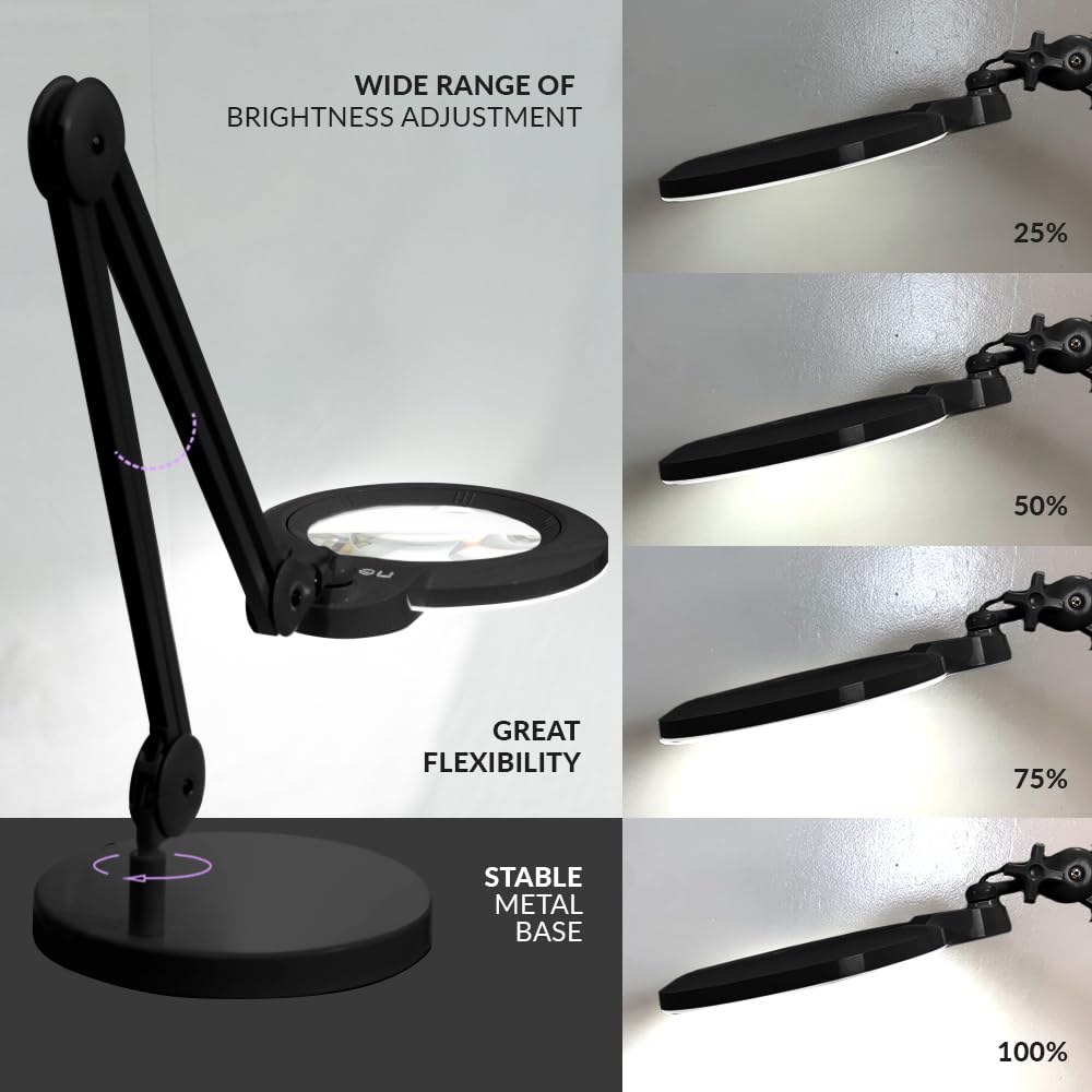 7” Wide Acrylic Lens LED Magnifying Lamp with Base – 1600 Lumens, Dimmable for Close Works, Black