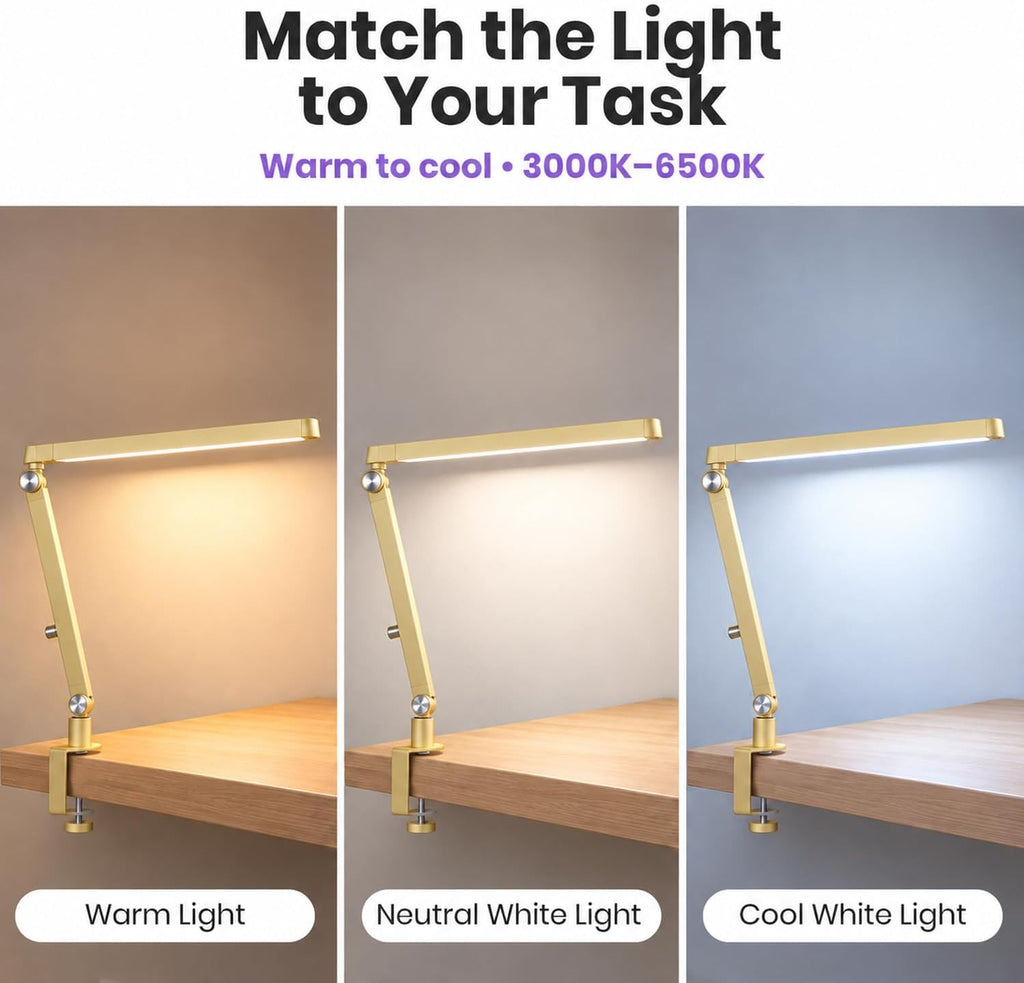 Professional LED Task Lamp, 20W, CRI 95, Stepless Dimming, Gold