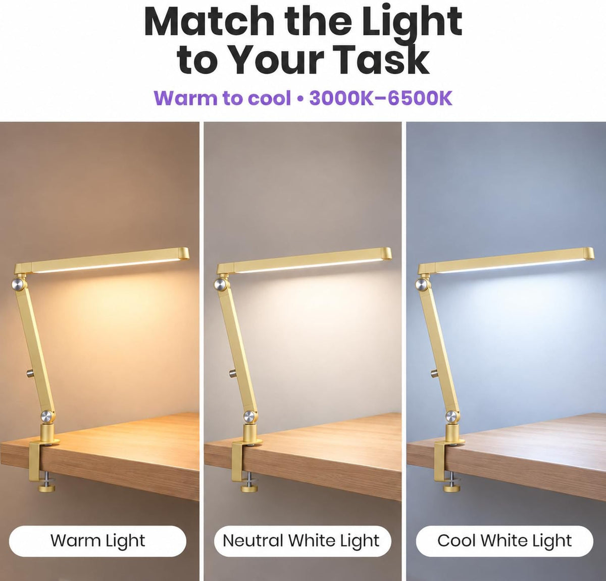 Professional LED Task Lamp, 20W, CRI 95, Stepless Dimming, Gold