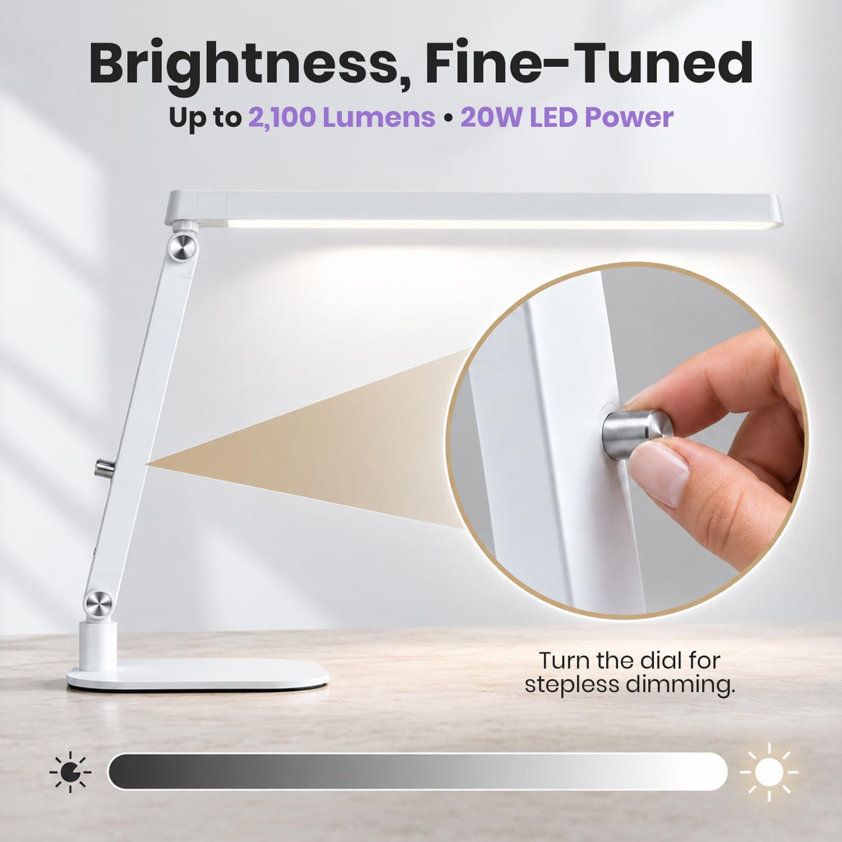 Professional LED Task Lamp, 20W, CRI 95, Stepless Dimming, White