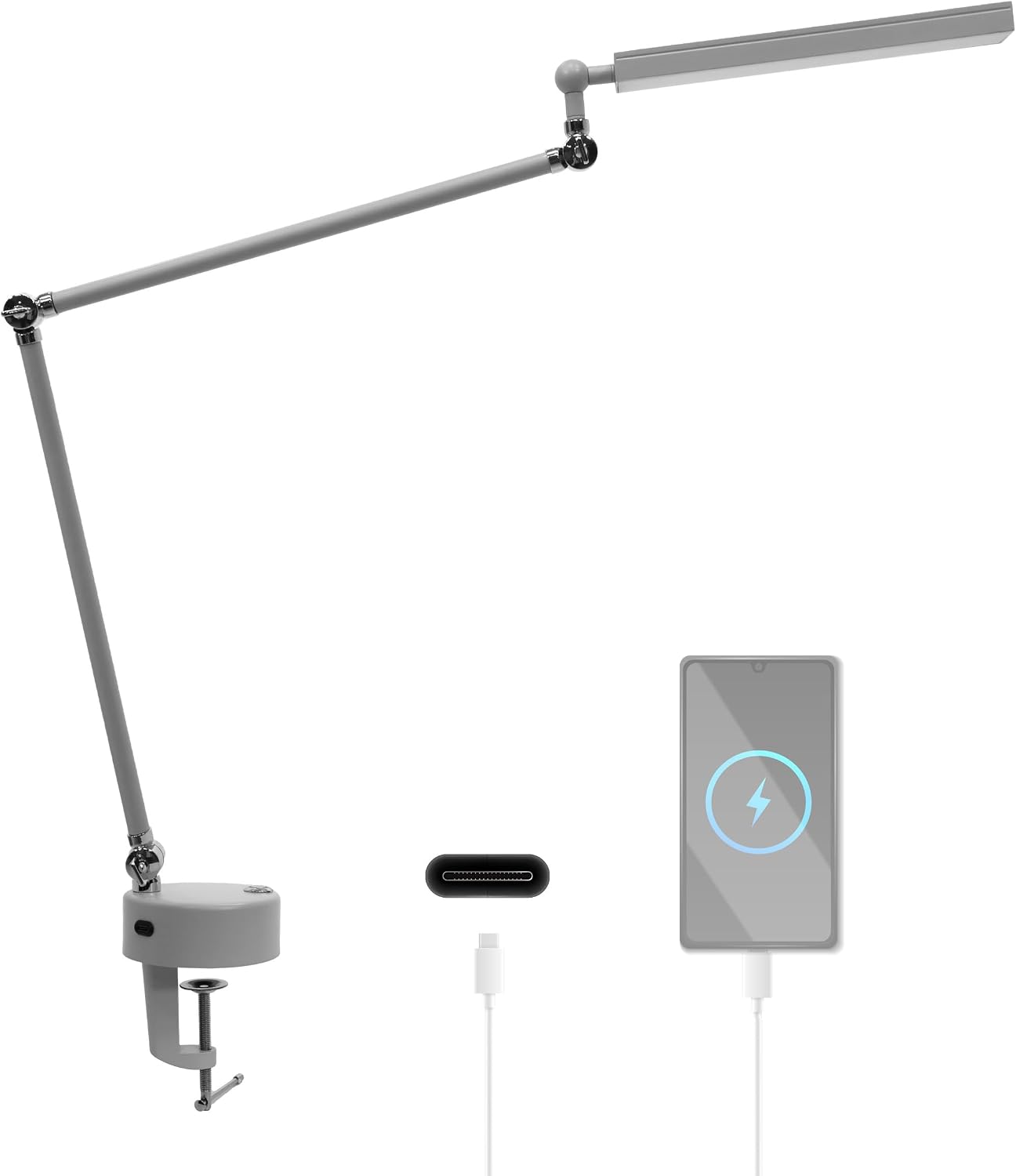 12W LED Table Lamp with Clamp, 3 Light Modes, USB Charging, Silver