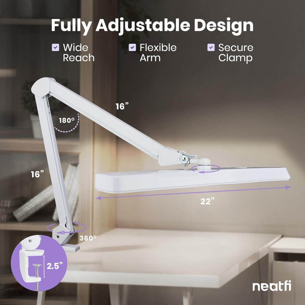 Lampe de bureau à LED de 2500 lumens avec pince – Abat-jour large de 22 pouces, 5 modes de couleur pour les ongles et l'artisanat, blanc