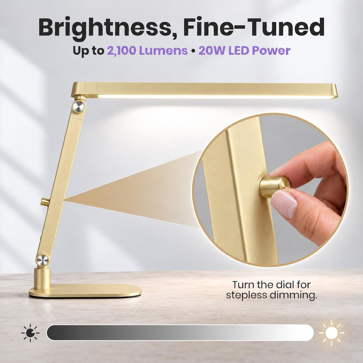 Professional LED Task Lamp, 20W, CRI 95, Stepless Dimming, Gold