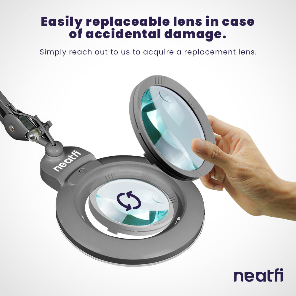 7” Wide Acrylic Lens LED Magnifying Lamp with Clamp – 1600 Lumens, Dimmable for Close Works, Silver