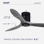 52-inch Solid Ceiling Fan with Remote Control, 3 Solid Wood Blades, Flush Mount - Dark Gray