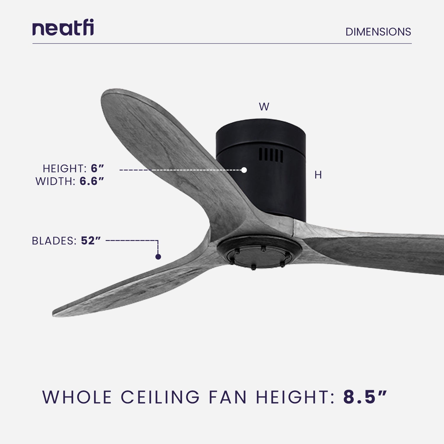 52-inch Solid Ceiling Fan with Remote Control, 3 Solid Wood Blades, Flush Mount - Dark Gray
