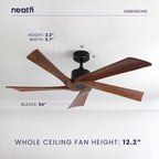 54-inch Industrial Downrod Ceiling Fan, 5 Solid Wood Blades - Dark Wood
