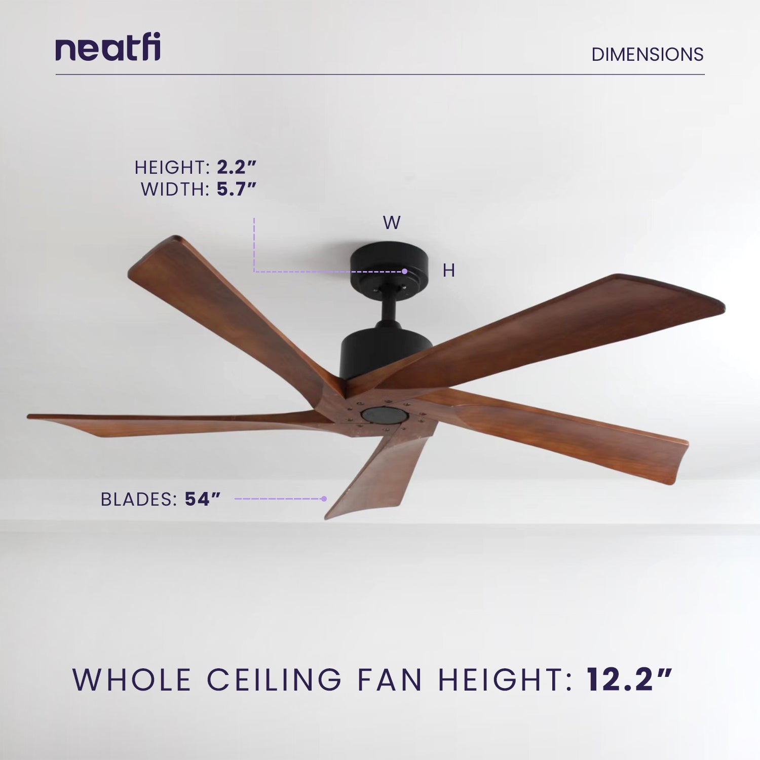 54-inch Industrial Downrod Ceiling Fan, 5 Solid Wood Blades - Dark Wood