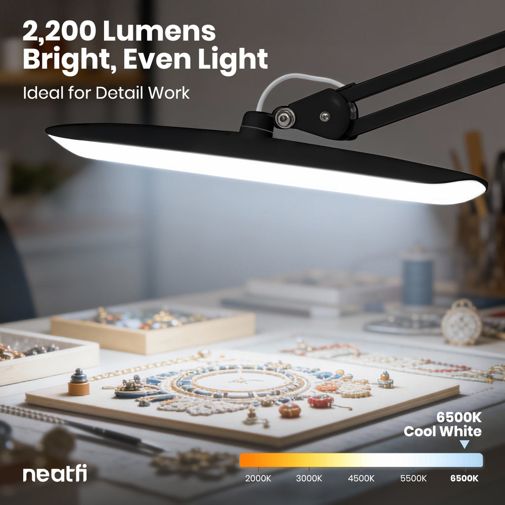 Lámpara LED de escritorio con pinza, cabezal ancho de 20 pulgadas, 2200 lúmenes, luz de trabajo para oficina en casa y manualidades, color negro