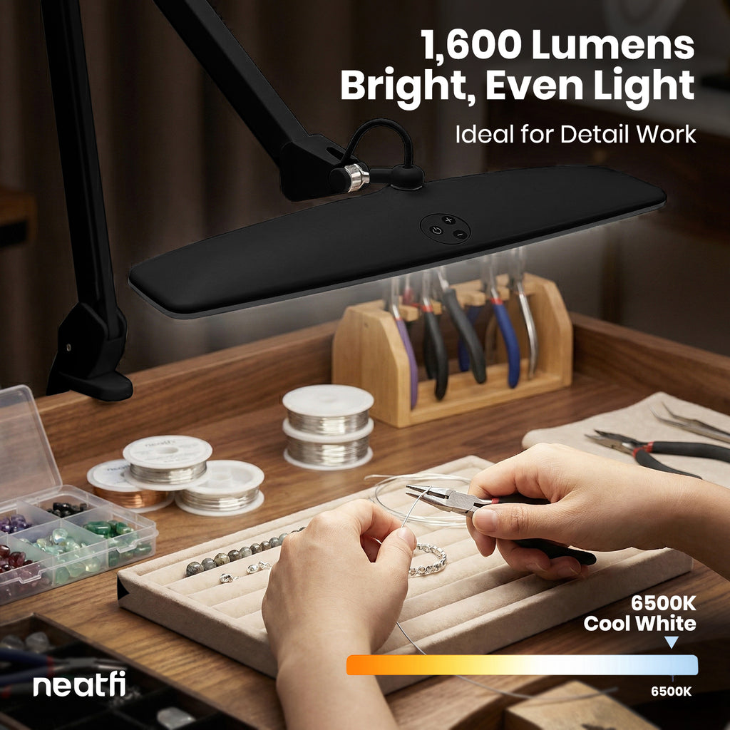 1600 Lumens LED Desk Lamp with Clamp – 22" Wide Shade, Adjustable & Non-polar Dimming Light, Black