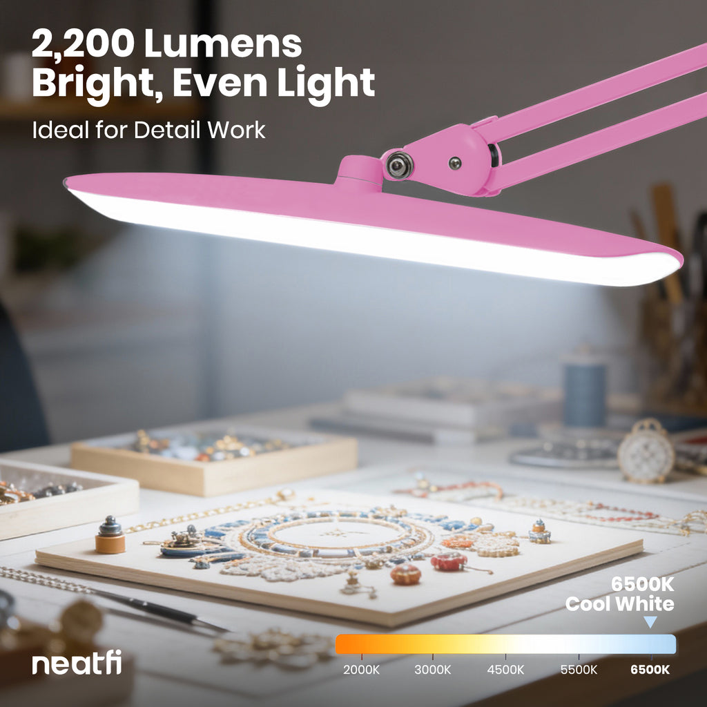 20” Wide Head LED Desk Lamp with Clamp – 2200 Lumens Task Light for Home Office & Crafts, Pink