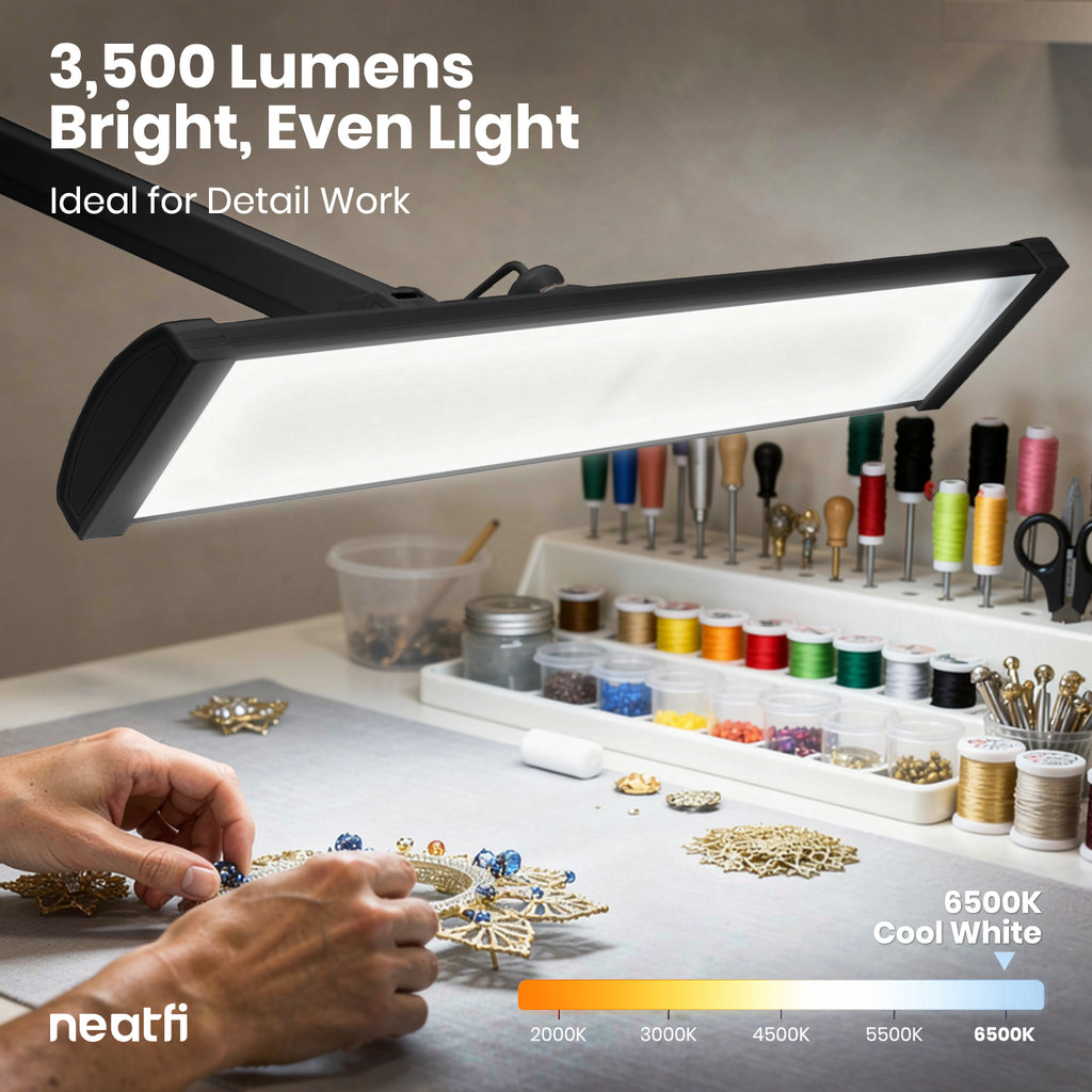 3500 Lumens LED Desk Lamp – 26” Ultra-Wide Shade, Non-Flickering Task Light with Clamp, Black