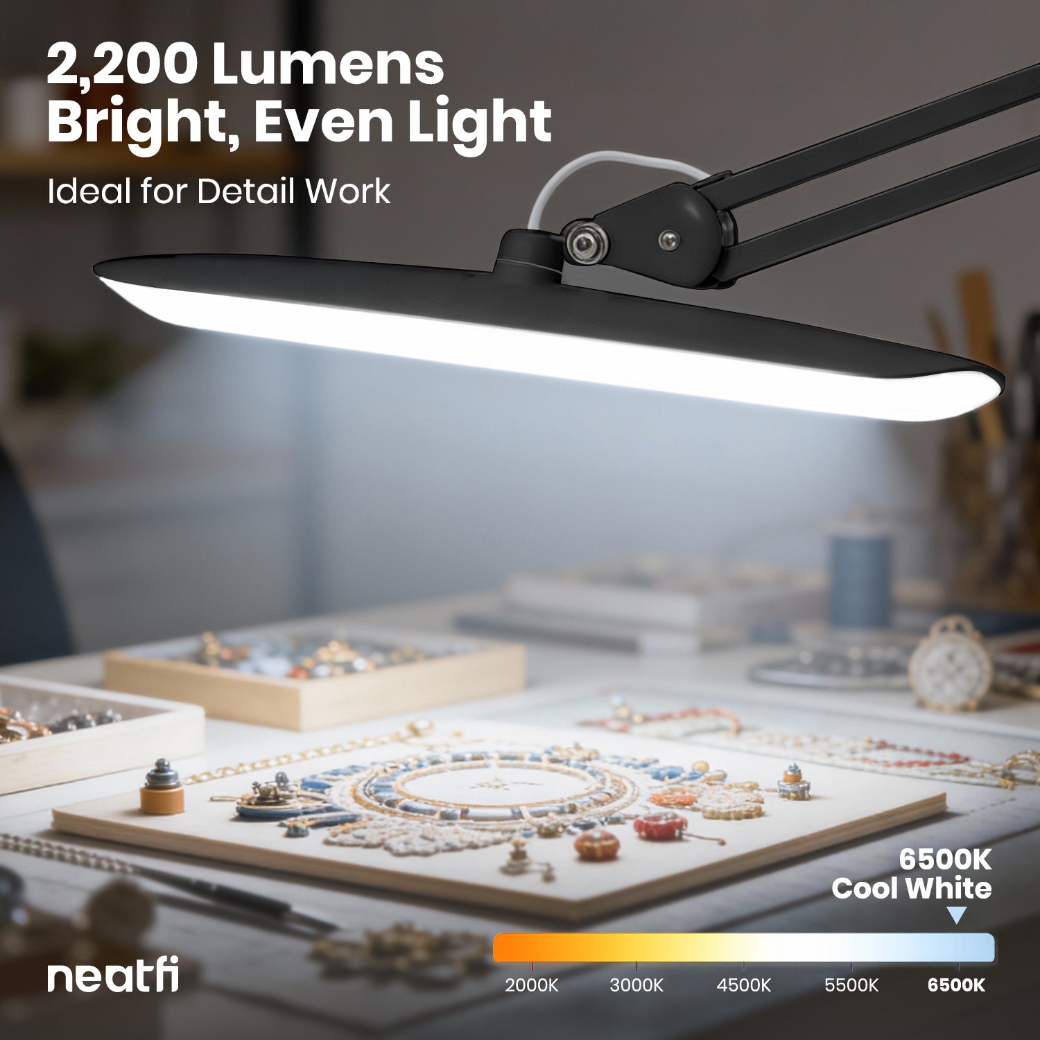 20” Wide Head LED Desk Lamp with Clamp – 2200 Lumens Task Light for Home Office & Crafts, Space Gray