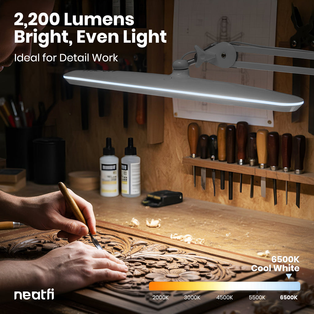 2200 Lumens LED Desk Lamp with Clamp – 23" Wide, 3 Light Modes for Workbench & Home Office, Silver