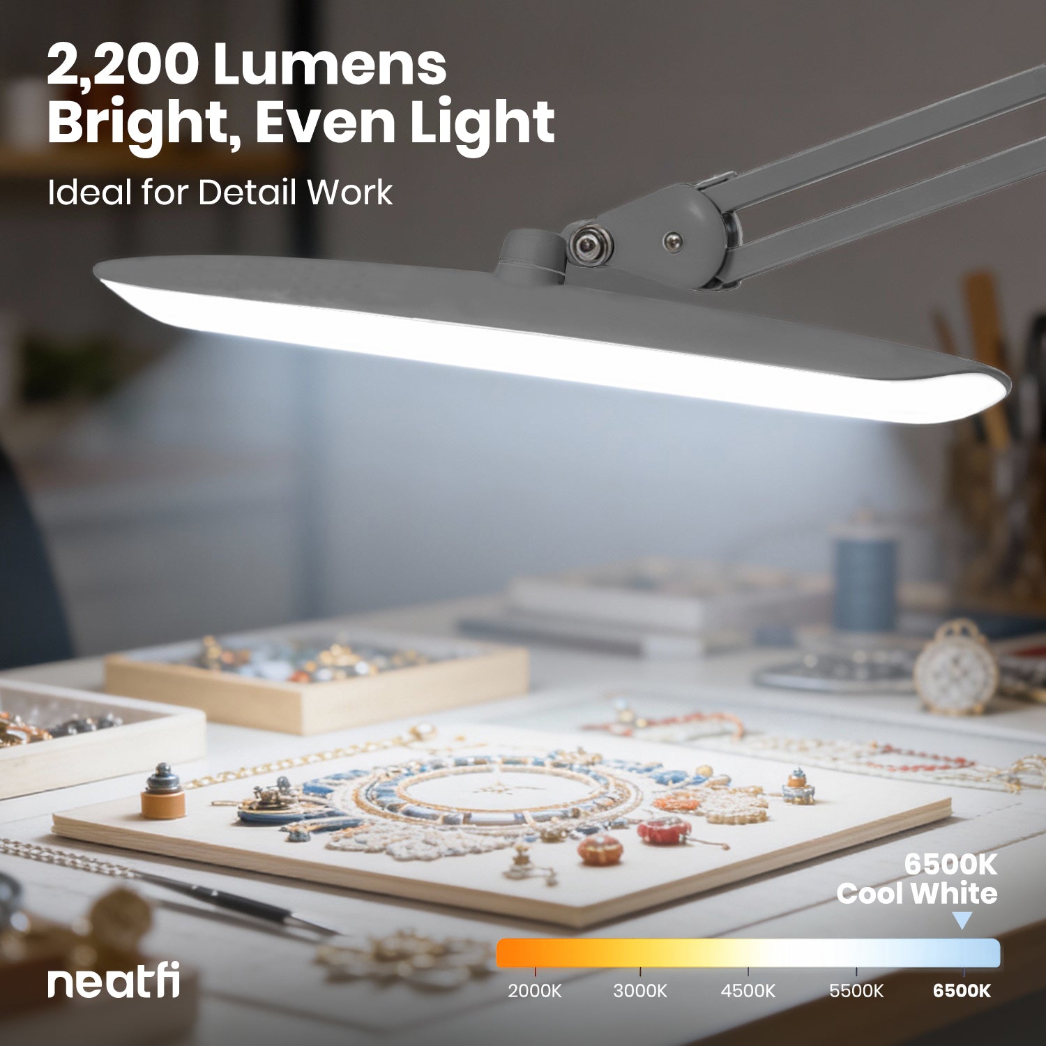 Lámpara LED de escritorio con pinza de 20” de ancho – Luz de trabajo de 2200 lúmenes para oficina y manualidades, plateada