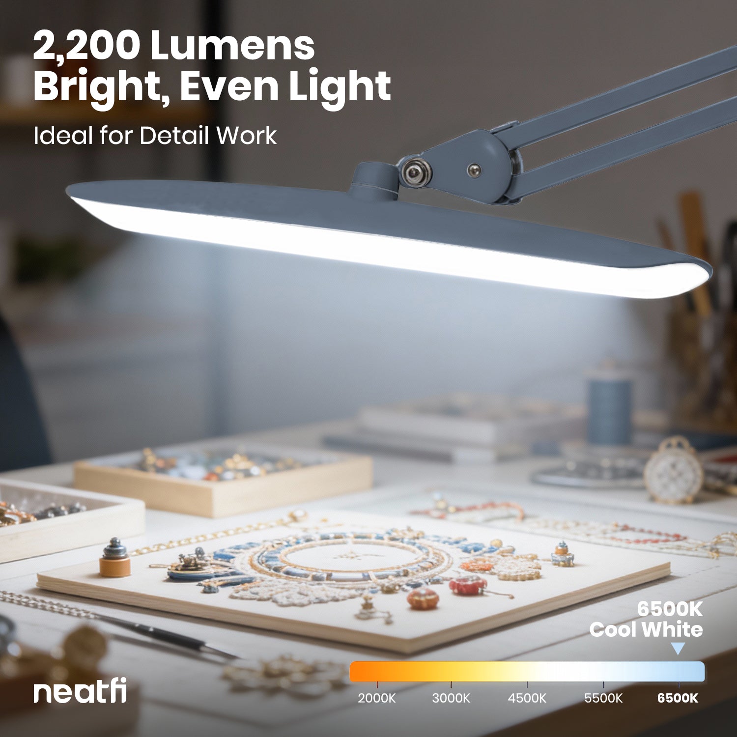 20” Wide Head LED Desk Lamp with Clamp – 2200 Lumens Task Light for Home Office & Crafts, Gray