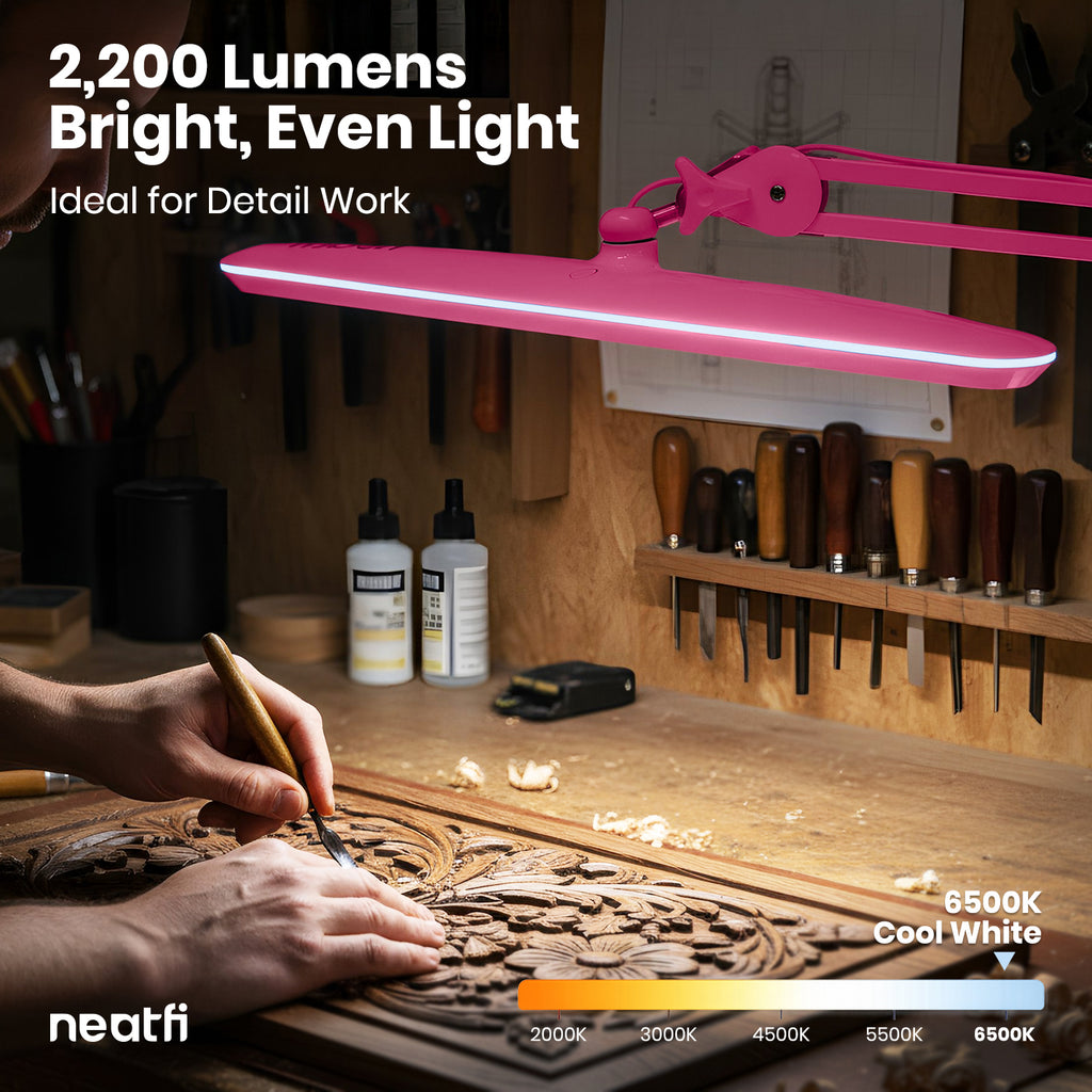23” Wide Shade, 2200 Lumens LED Desk Lamp with Clamp – Dimmable, Eye-Caring Task Light, Pink