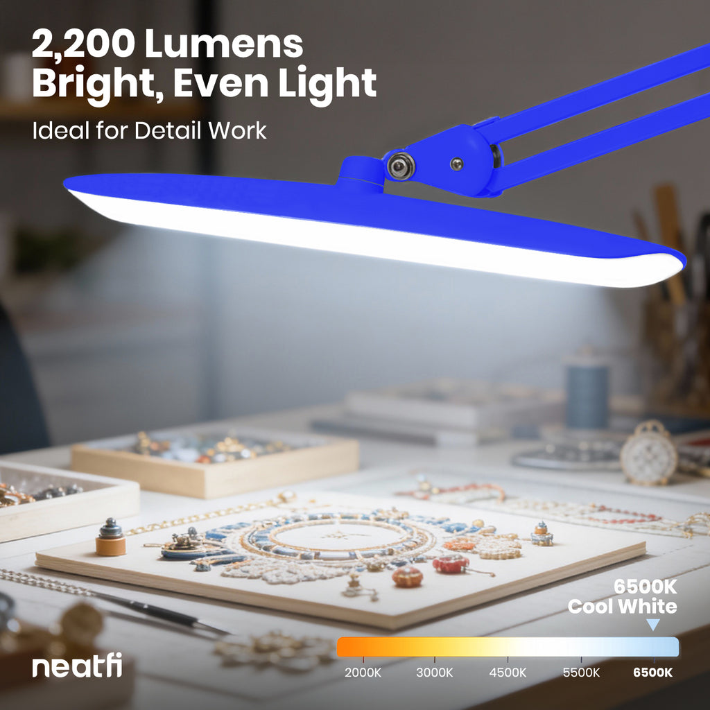 20” Wide Head LED Desk Lamp with Clamp – 2200 Lumens Task Light for Home Office & Crafts, Sapphire Blue