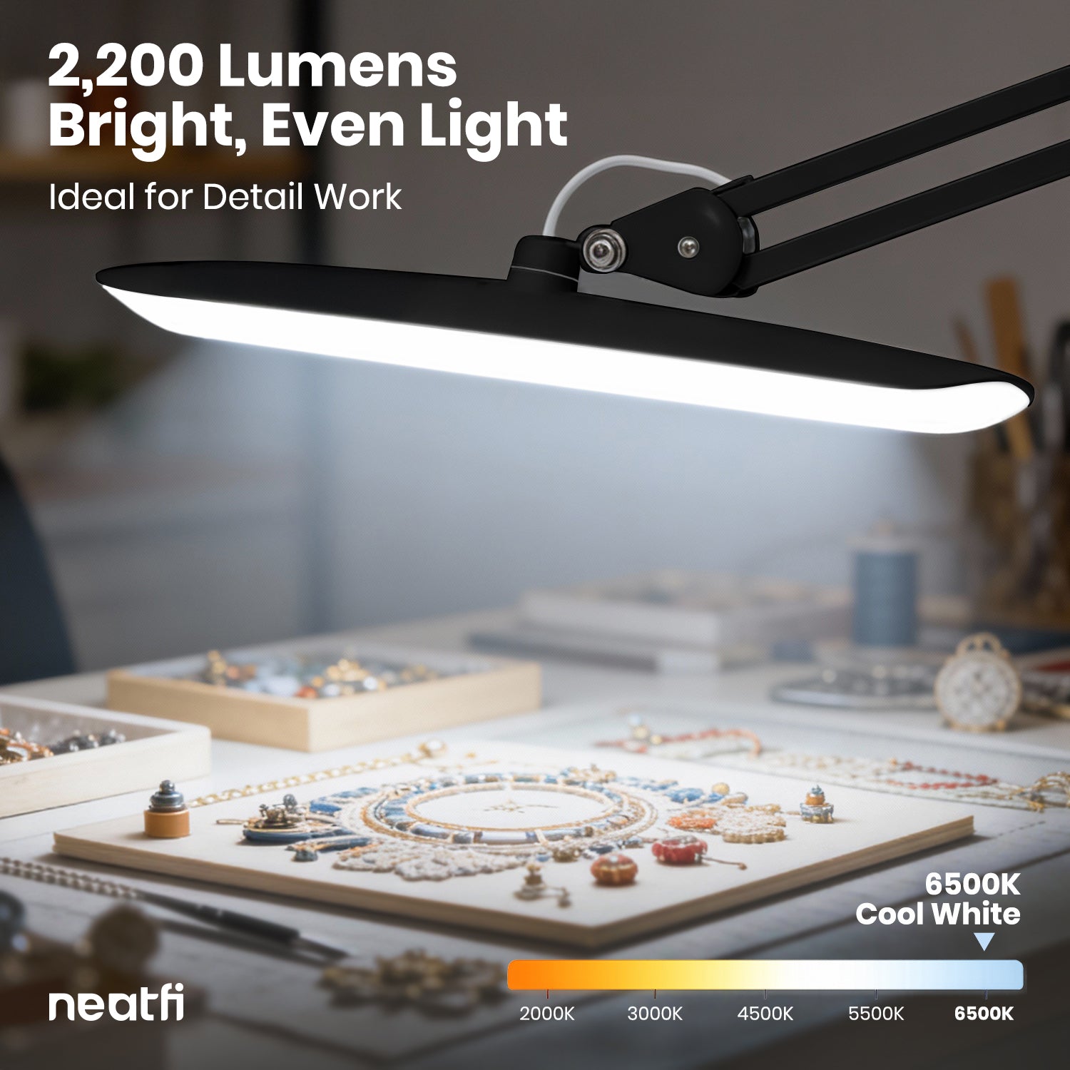 20” Wide Head LED Desk Lamp with Base – 2200 Lumens Task Light for Home Office & Crafts, Black