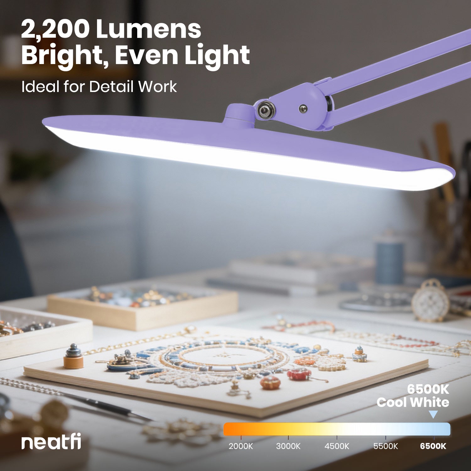 20” Wide Head LED Desk Lamp with Clamp – 2200 Lumens Task Light for Home Office & Crafts, Lavender