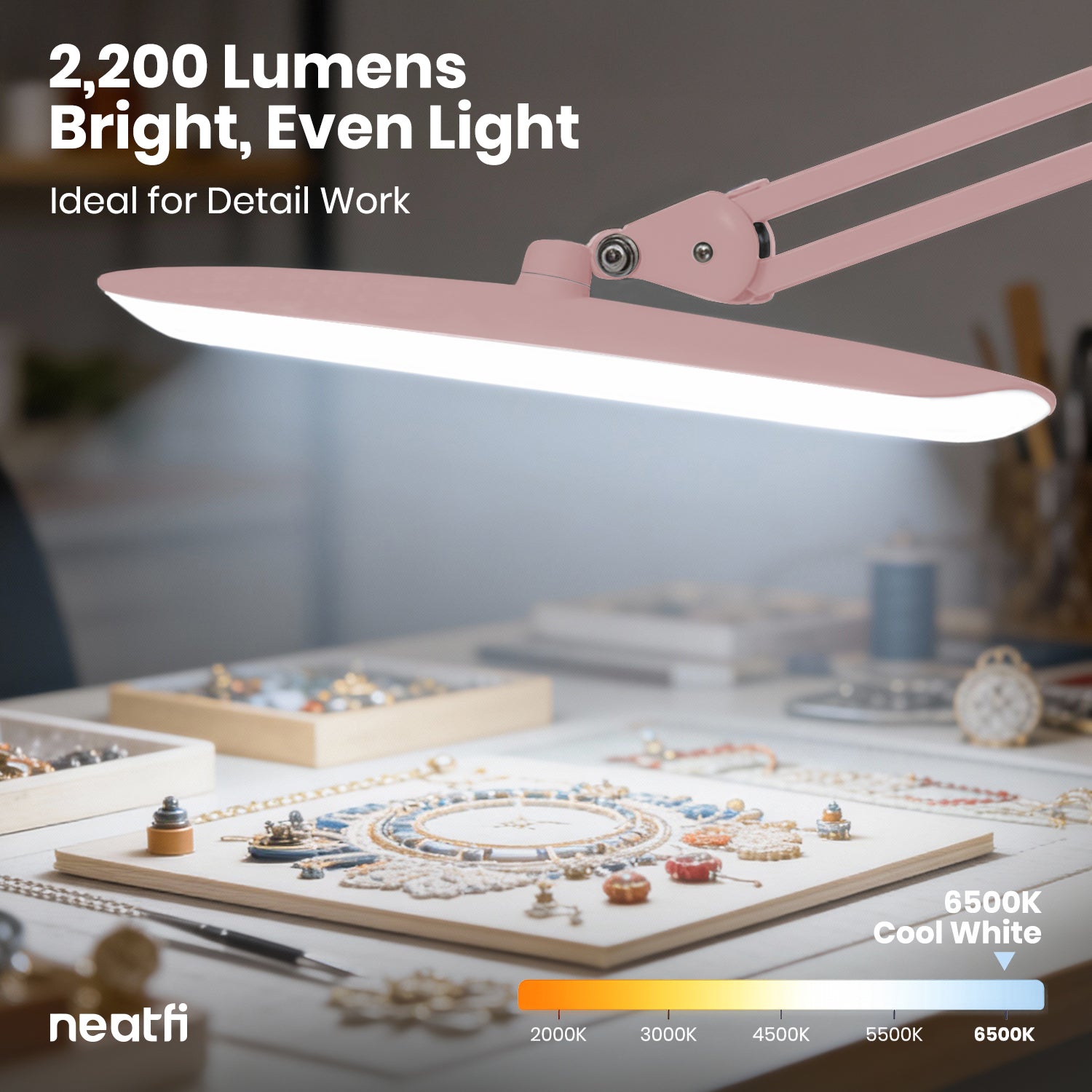 20” Wide Head LED Desk Lamp with Clamp – 2200 Lumens Task Light for Home Office & Crafts, Rose Gold
