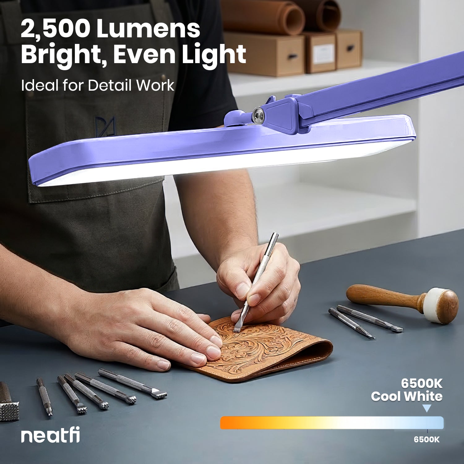 22” Wide Shade LED Desk Lamp with Clamp – 2500 Lumens Task Light for Workbench & Crafts, Lavender