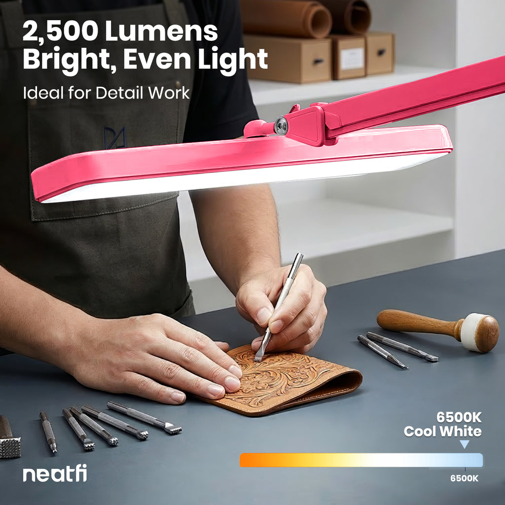 Lampe de bureau LED à pince de 56 cm de large – Lampe de travail de 2500 lumens pour établi et travaux manuels, rose