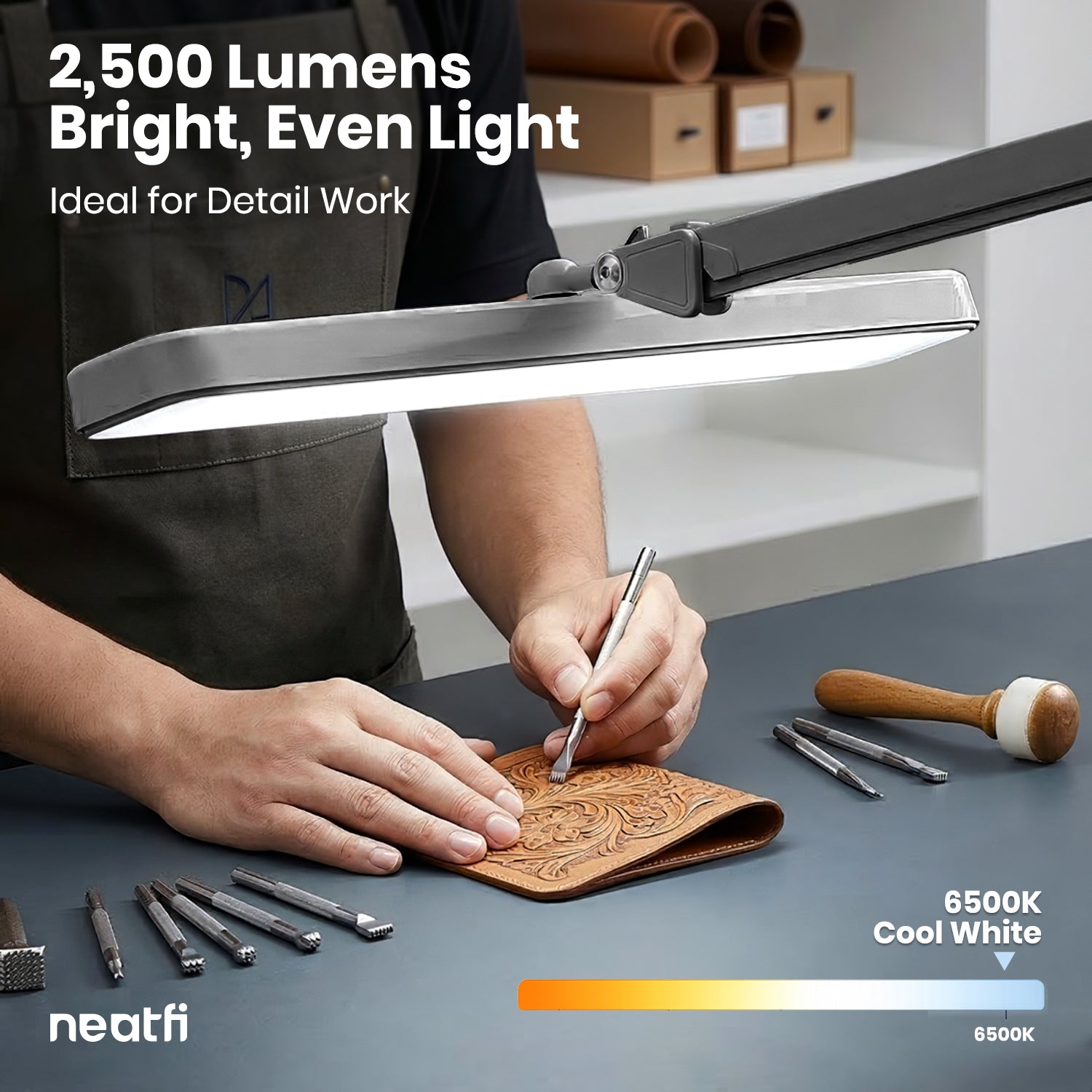 22” Wide Shade LED Desk Lamp with Clamp – 2500 Lumens Task Light for Workbench & Crafts, Silver