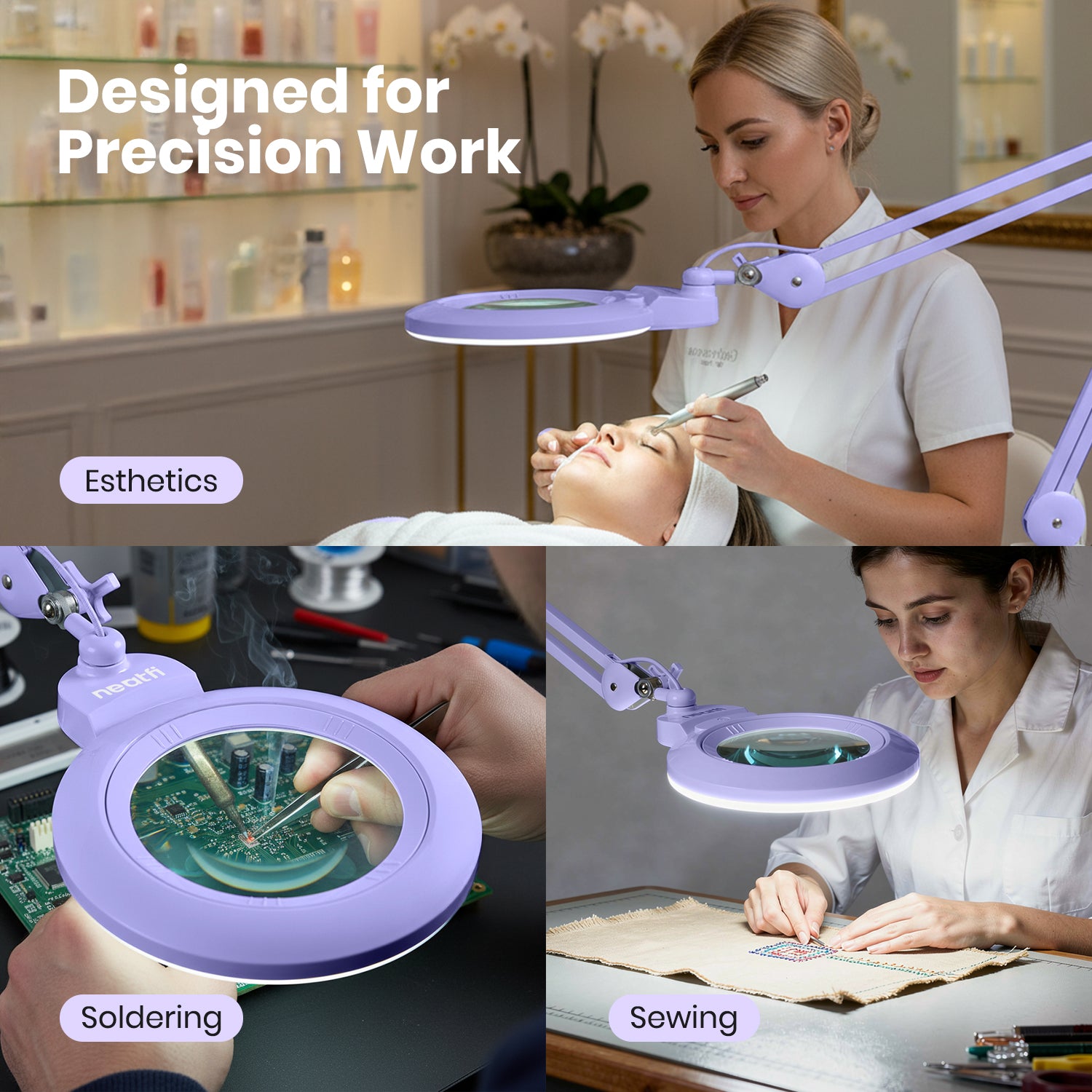 Lámpara de aumento LED con lente acrílica de 7" de ancho y abrazadera – 1600 lúmenes, regulable para trabajos de precisión, lavanda