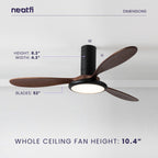 52-inch Retro Ceiling Fan with Light, 3 Solid Wood Blades, 3 Light Modes - Dark Wood