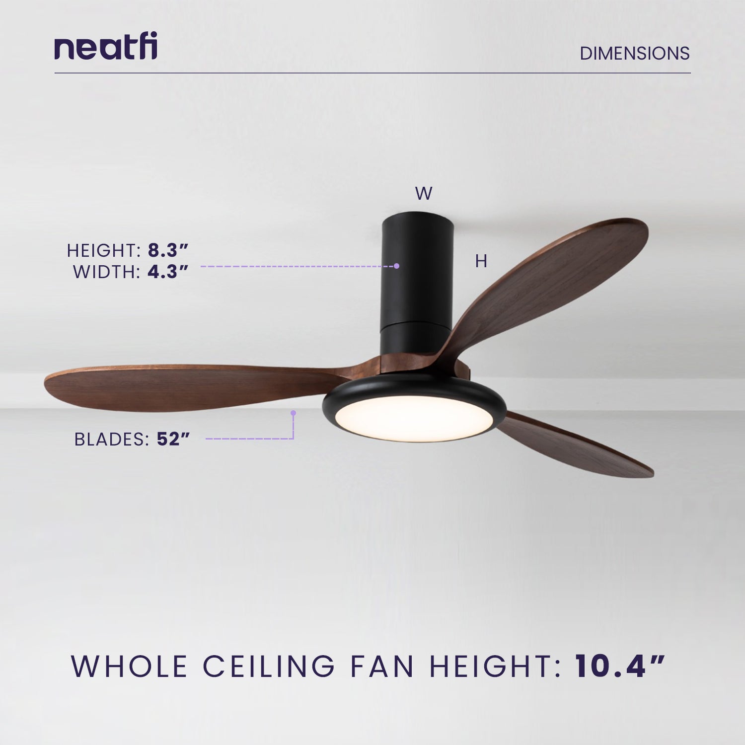52-inch Retro Ceiling Fan with Light, 3 Solid Wood Blades, 3 Light Modes - Dark Wood
