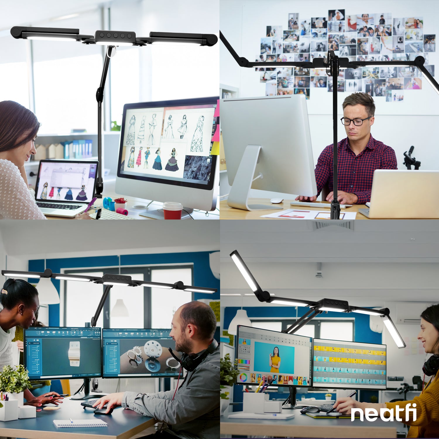 Lámpara LED de escritorio de 44" de ancho con abrazadera – 3000 lúmenes, 3 modos de color, CRI 95, luz de trabajo regulable, negra