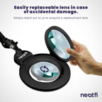 Lampe loupe LED acrylique de 7" de large avec pince – 1600 lumens, à intensité variable pour travaux de précision, noire