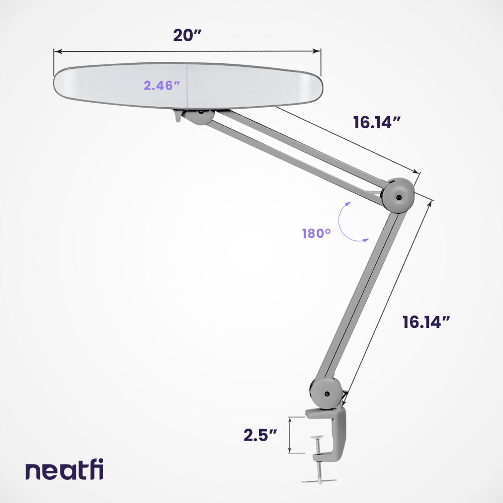 20” Wide Head LED Desk Lamp with Clamp – 2200 Lumens Task Light for Home Office & Crafts, Silver