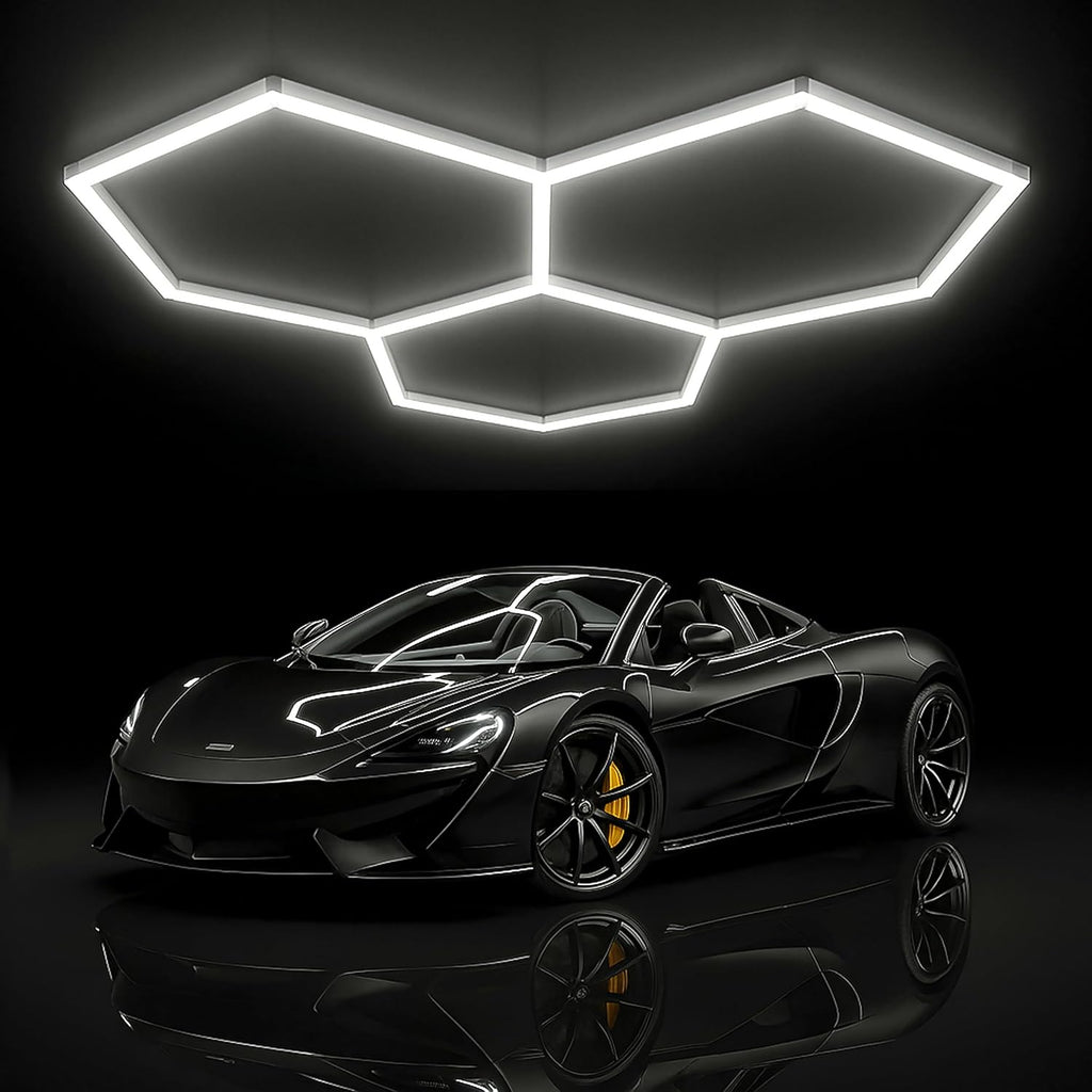3 Hexagon 9,000 Lumens LED Ceiling Light – IP54 Rated Shop Lighting for Car Detailing, Cool White